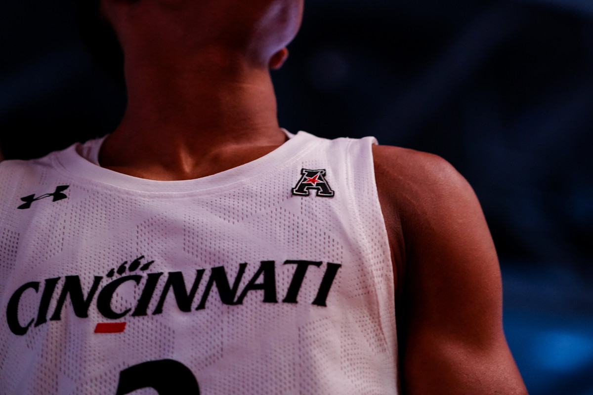 Dec 3, 2019; Cincinnati, OH, USA; A view of the American Athletic Conference logo on a Cincinnati Bearcats jersey prior to the game against the Vermont Catamounts at Fifth Third Arena. Mandatory Credit: Aaron Doster-USA TODAY Sports
